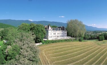 Château de Divonne, arbres, champs étendus, montagnes