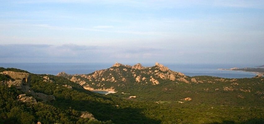 Vue panoramique rocheuse végétation verte, océan ciel arrière-plan.