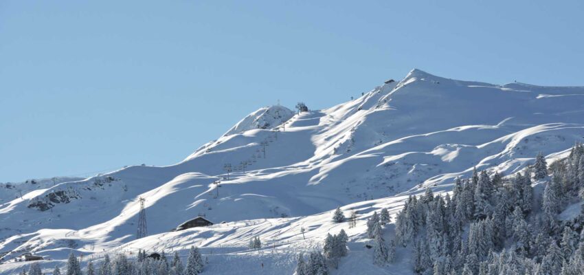 Sommet du ski : Montagne enneigée avec télésièges sous ciel bleu.
