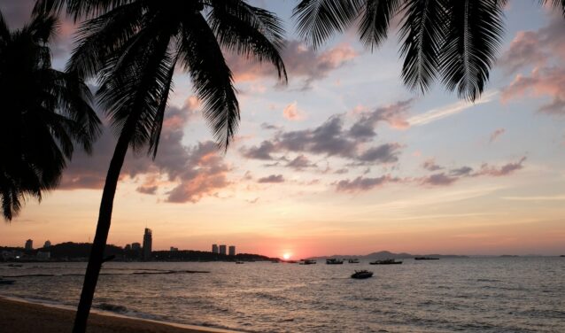 Coucher de soleil sur l'océan, silhouette de palmiers, bateaux.