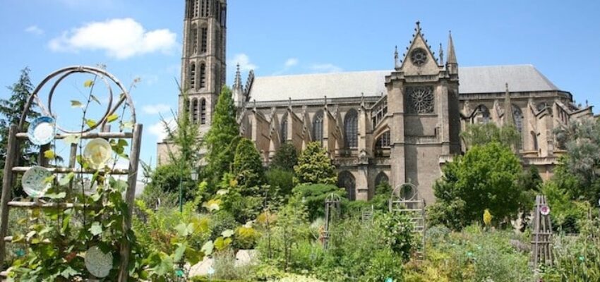 Cathédrale historique à Limoges entourée de verdure.