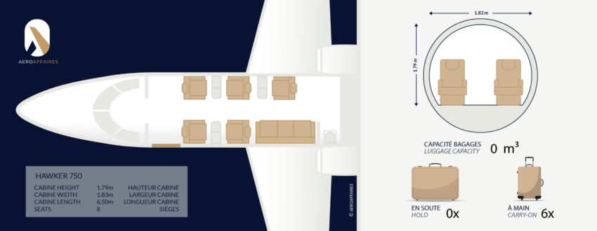 Location de jet privé intérieur, Hawker 750, beige luxueux