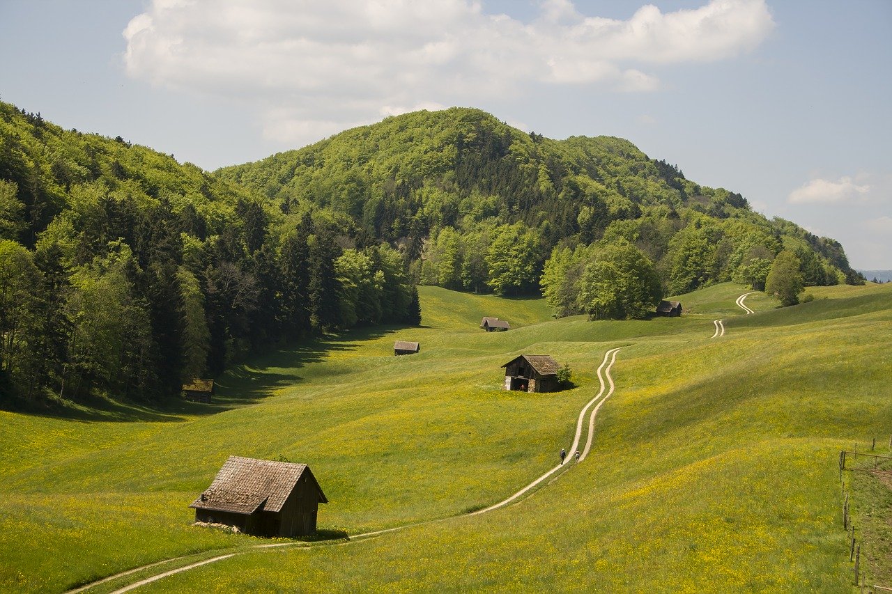 location jet privé - Collines verdoyantes avec cabanes en bois.