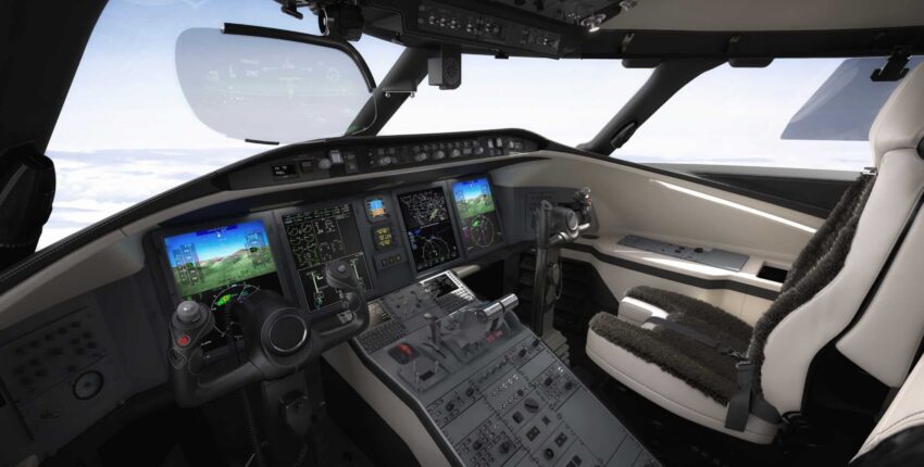 Location jet privé : cockpit moderne Challenger 650.