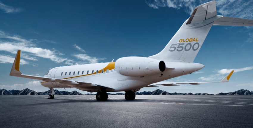 location jet privé - Jet G5500 blanc et jaune sur piste d'atterrissage.